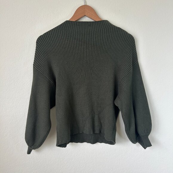 Line Dot Sweater Womens Medium Olive Green Ribbed Ballon Sleeve Pullover Top M - Picture 6 of 7